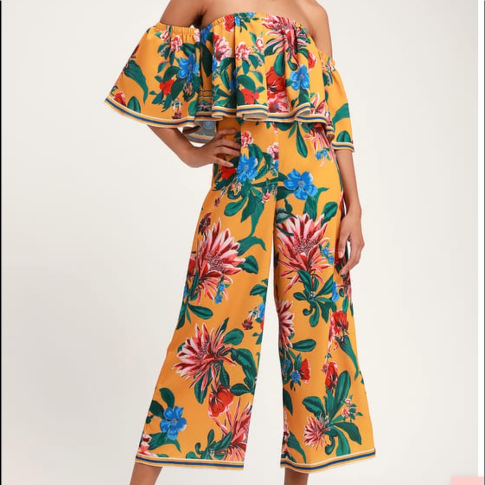 Yellow Floral Print JUMPSUIT Off-the-Shoulder NWT - Picture 6 of 9